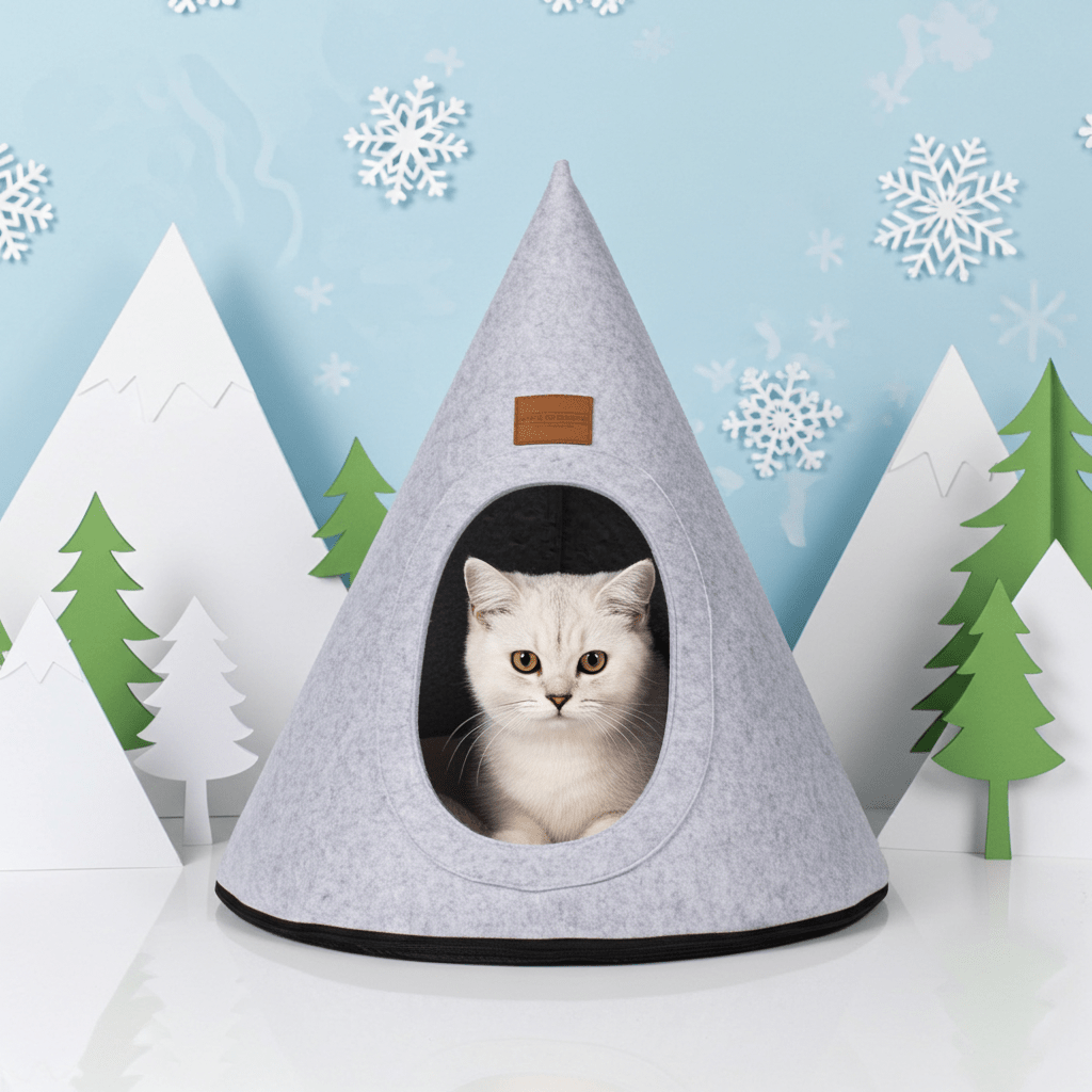 Cat inside a gray cone-shaped pet bed with a winter-themed background featuring trees and snowflakes.