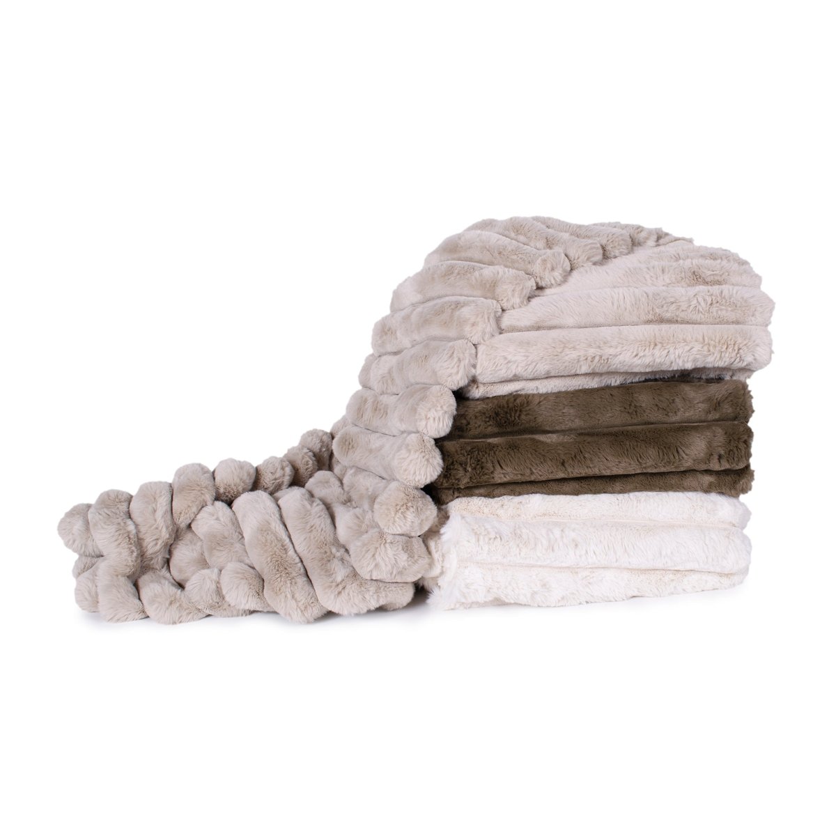 Tan, brown, and white lux throw blankets.