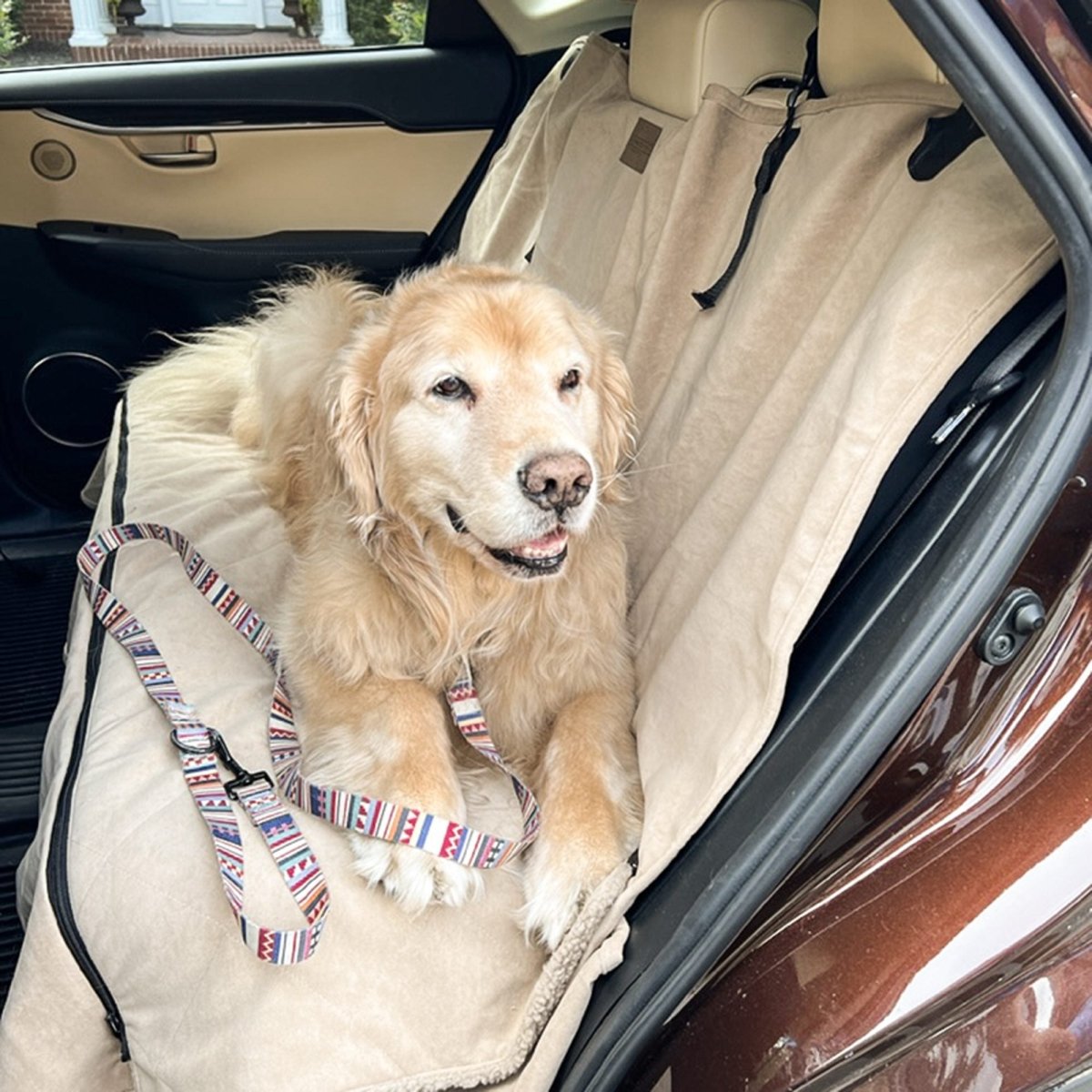 Back Seat Cover Tan with Dog